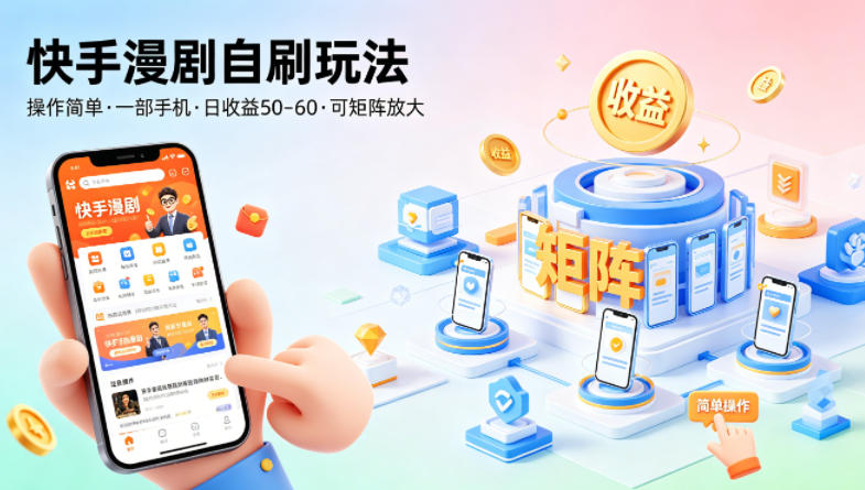 快手漫剧自刷玩法，操作简单，一部手机就可以做，一天50-60收益，可矩阵放大【揭秘】-我爱项目网