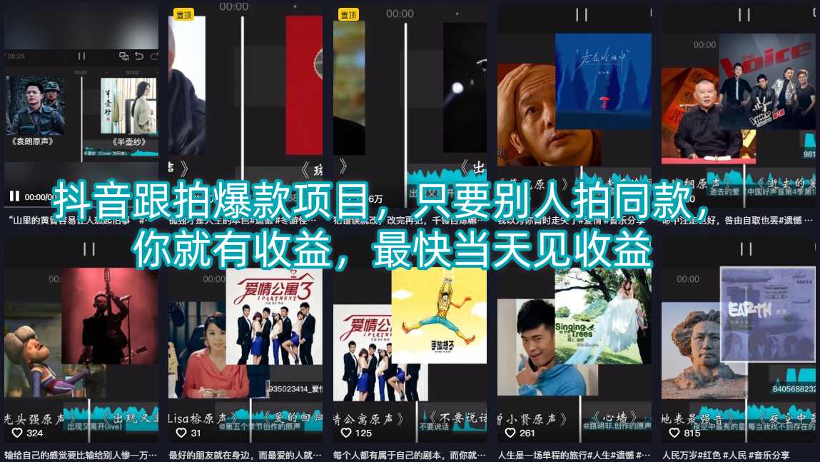 抖音跟拍爆款项目，只要别人拍同款，你就有收益，最快当天见收益-我爱项目网