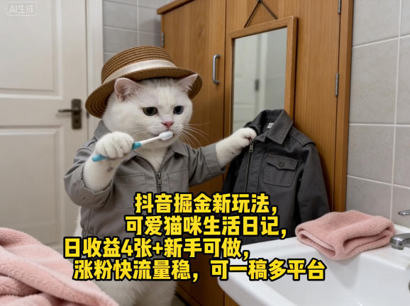 抖音掘金新玩法，可爱猫咪生活日记，日收益4张+新手可做，涨粉快流量稳，可一稿多平台-我爱项目网
