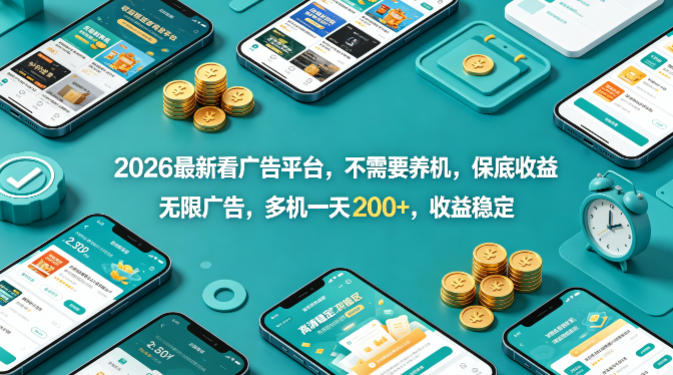 2026最新看广告平台，不需要养机，保底收益，无限广告，多机一天200+，收益稳定【揭秘】-我爱项目网
