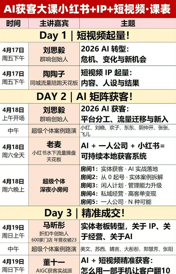 图片[2]-AI获客大课小红书+IP+短视频3天2夜线下课，用最真实的一线案例，最前沿的AI工具，最有效的流量打法-我爱项目网