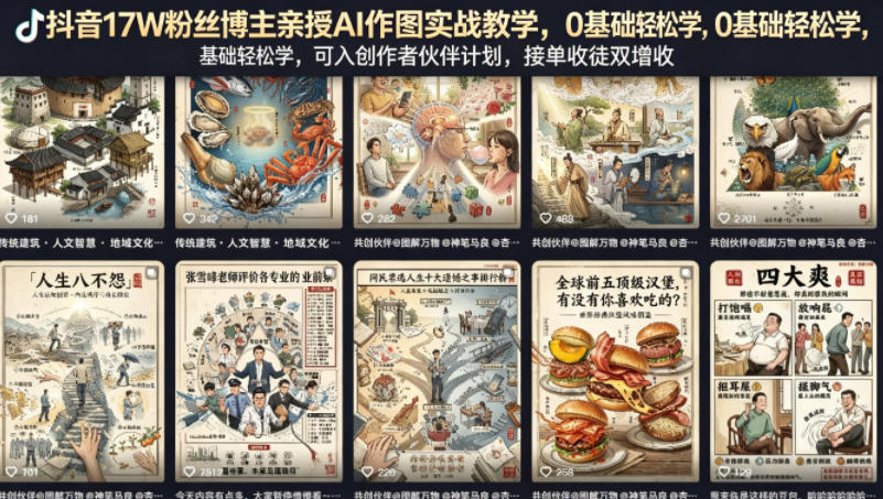 抖音17W粉丝博主亲授AI作图实战教学，0基础轻松学，可入创作者伙伴计划，接单收徒双增收-我爱项目网