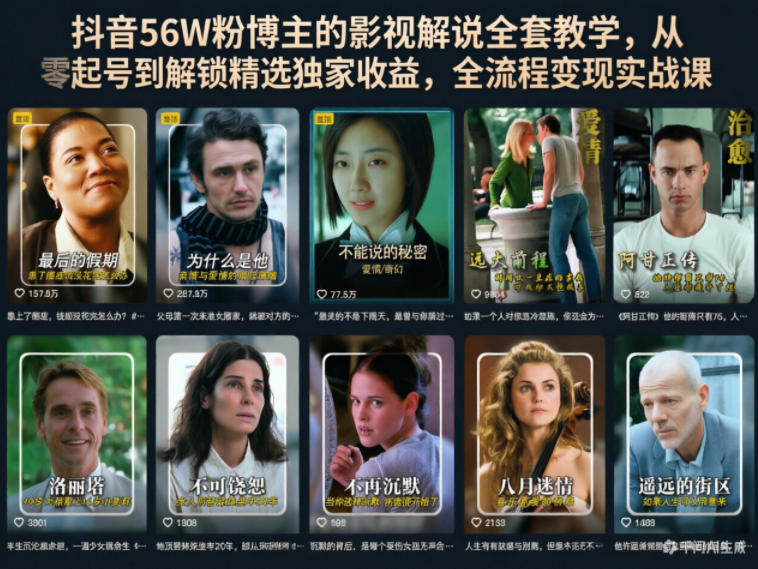 抖音56W粉博主的影视解说全套教学，从零起号到解锁精选独家收益，全流程变现实战课-我爱项目网