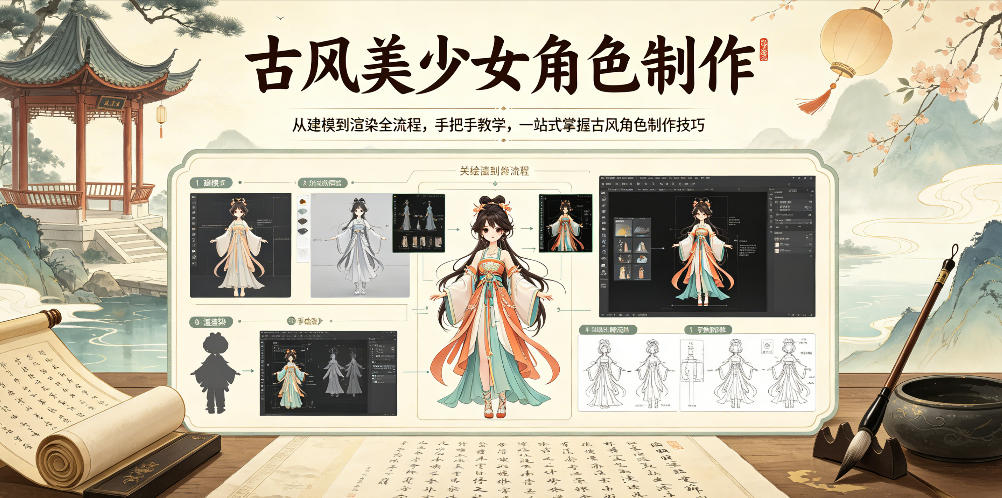 古风美少女角色制作，从建模到渲染全流程，手把手教学，一站式掌握古风角色制作技巧-我爱项目网