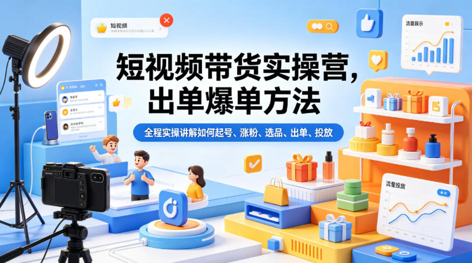 短视频带货实操营，出单爆单方法，全程实操讲解如何起号、涨粉、选品、出单、投放-我爱项目网