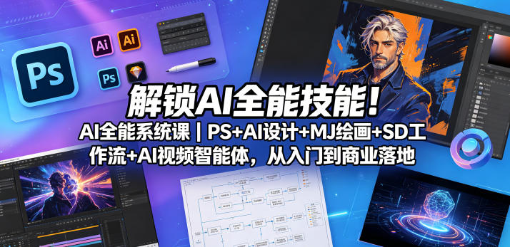 解锁AI全能技能！AI全能系统课｜PS+AI设计+MJ绘画+SD工作流+AI视频智能体，从入门到商业落地-我爱项目网