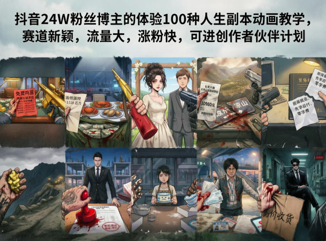 抖音24W粉丝博主的体验100种人生副本动画教学，赛道新颖，流量大，涨粉快，可进创作者伙伴计划-我爱项目网