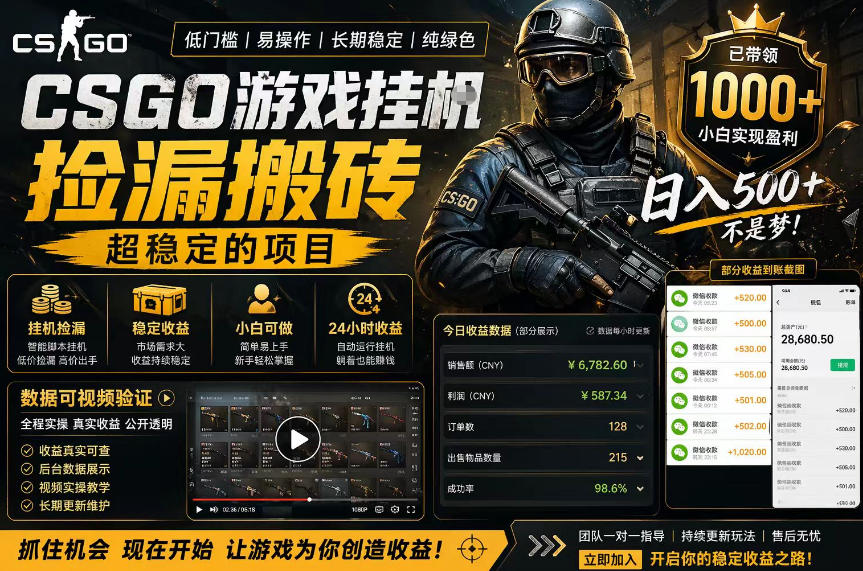 CSGO游戏搬砖，全自动挂G，不需要玩游戏，手机操作日入300+，解放双手【揭秘】-我爱项目网