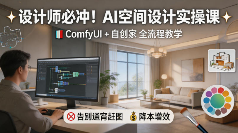 设计师必冲！AI空间设计实操课，ComfyUI+自创家全教学，告别通宵赶图，降本增效-我爱项目网