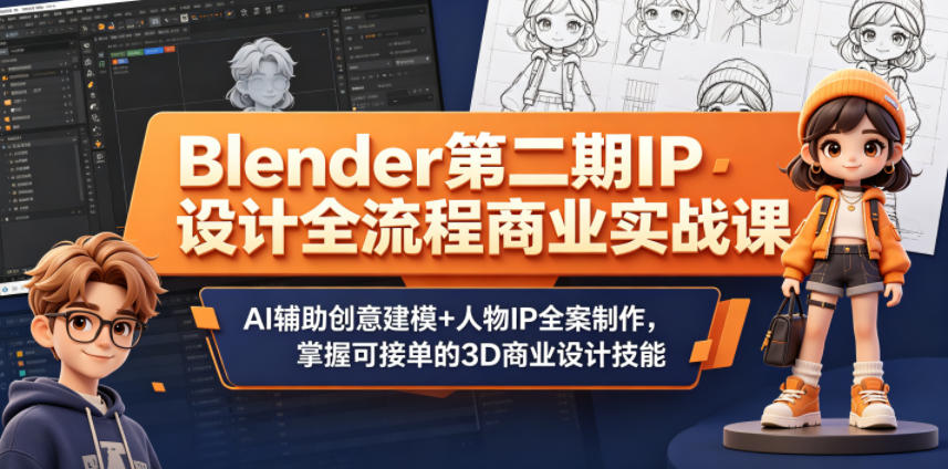 Blender第二期IP设计全流程商业实战课，AI辅助创意建模+人物IP全案制作，掌握可接单的3D商业设计技能-我爱项目网