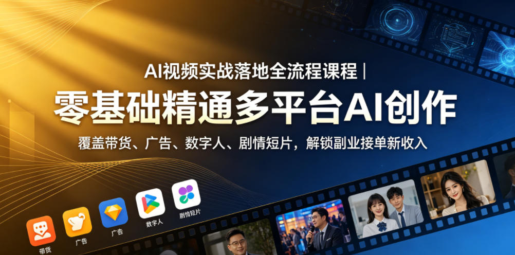 AI视频实战落地全流程课程｜零基础精通多平台AI创作，覆盖带货、广告、数字人、剧情短片，解锁副业接单新收入-我爱项目网