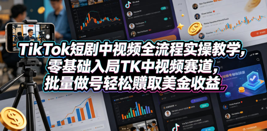 TikTok短剧中视频全流程实操教学，零基础入局TK中视频赛道，批量做号轻松賺取美金收益-我爱项目网