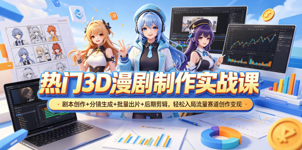 热门3D漫剧制作实战课，剧本创作+分镜生成+批量出片+后期剪辑，轻松入局流量赛道创作变现-我爱项目网
