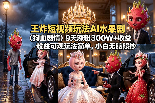 王炸短视频玩法AI水果剧（狗血剧情）9天涨粉300W+收益可观玩法简单，小白无脑照抄，详细拆解玩法-我爱项目网