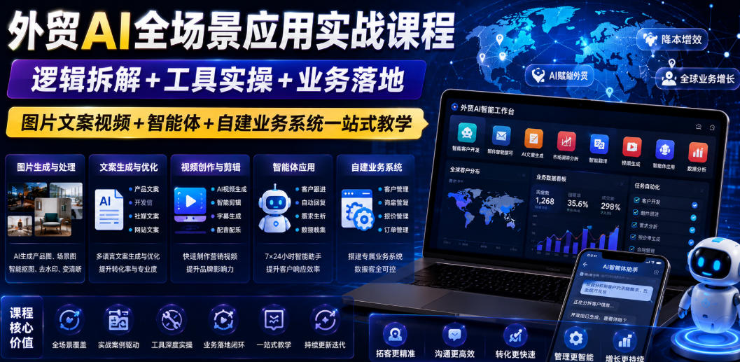 外贸AI全场景应用实战课程｜逻辑拆解+工具实操+业务落地，图片文案视频+智能体+自建业务系统一站式教学-我爱项目网