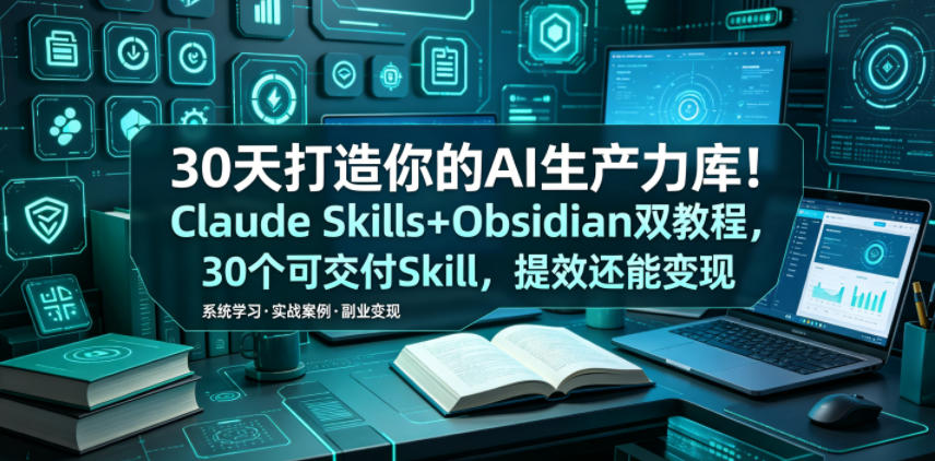 30天打造你的AI生产力库!Claude Skills+Obsidian 双教程,30 个可交付 Skill,提效还能变现-我爱项目网