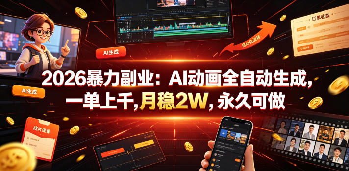 2026暴力副业：AI动画全自动生成，一单上千，月稳2W，永久可做【揭秘】-我爱项目网