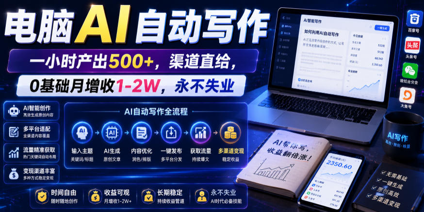 电脑AI自动写作，一小时产出500+，渠道直给，0基础月增收1-2W，永不失业【揭秘】-我爱项目网