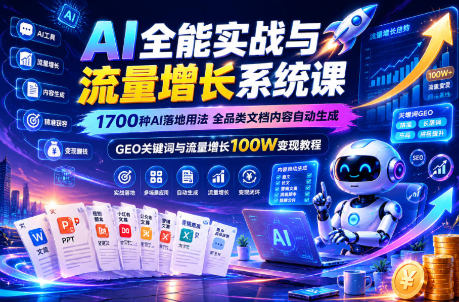 AI全能实战与流量增长系统课，1700种AI落地用法，全品类文档内容自动生成，GEO关键词与流量增长100W变现教程-我爱项目网