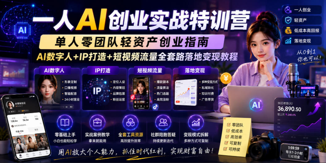 一人AI创业实战特训营，单人零团队轻资产创业指南，AI数字人+IP打造+短视频流量全套路落地变现教程-我爱项目网
