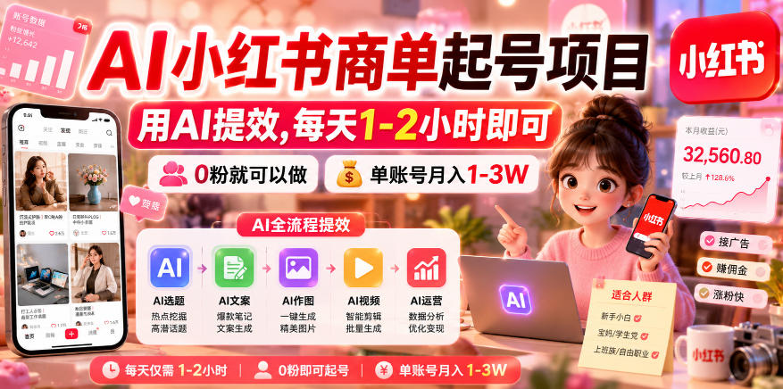 AI小红书商单起号项目，用AI提效,每天1-2小时即可，0粉就可以做，单账号月入1-3W-我爱项目网