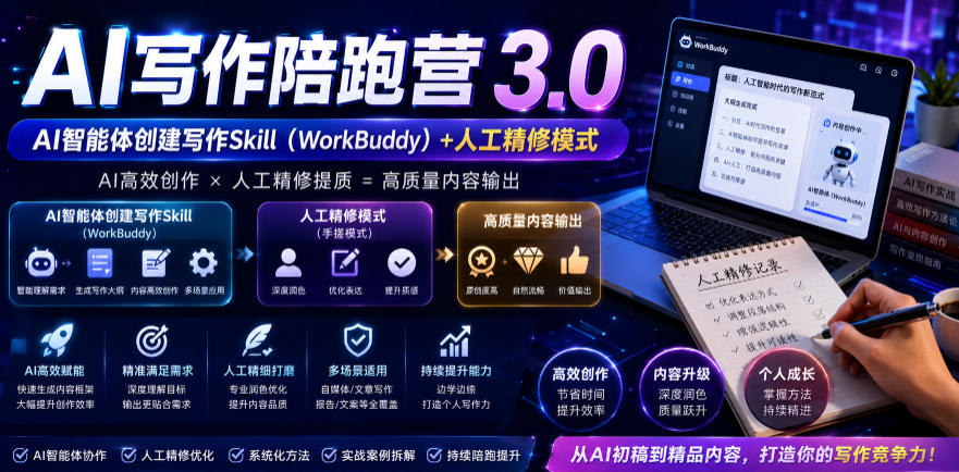 AI写作陪跑营3.0，Ai智能体创建写作skill（workbuddy）+人工手写模式（手搓模式），去除AI痕迹（头条号、公众号、百家号）-我爱项目网