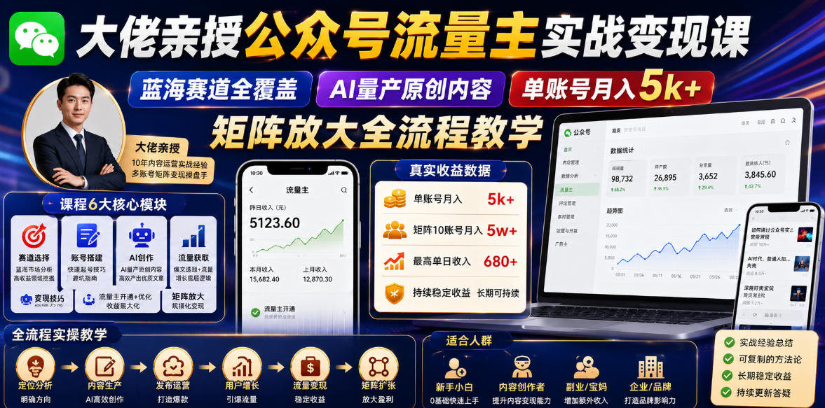 大佬亲授公众号流量主实战变现课，蓝海赛道全覆盖，AI量产原创内容，单账号月入5k+矩阵放大全流程教学-我爱项目网