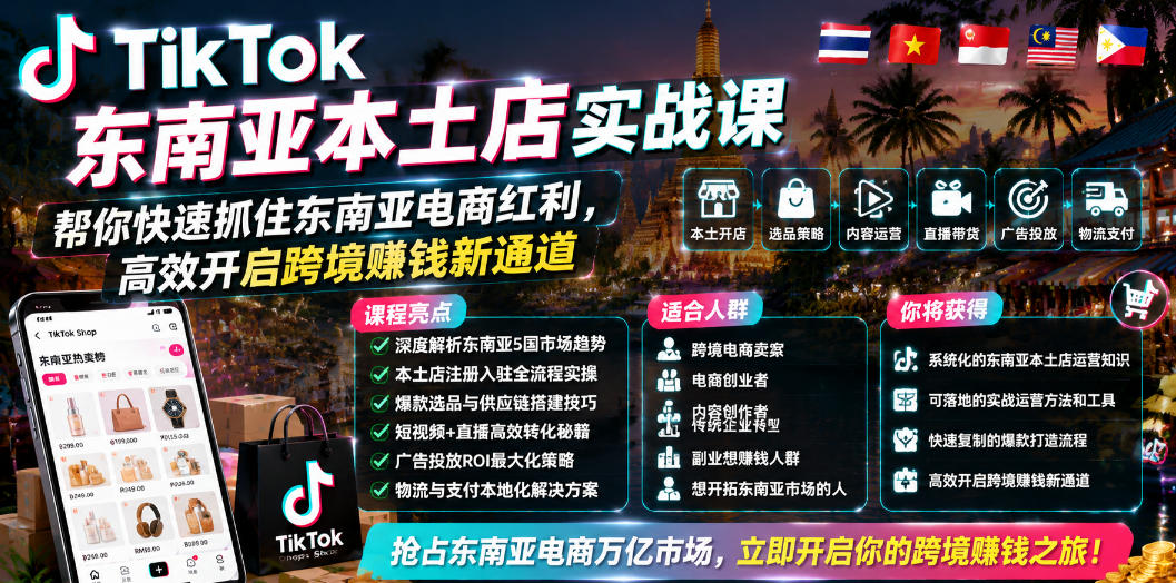 TikTok东南亚本土店实战课，帮你快速抓住东南亚电商红利，高效开启跨境賺钱新通道-我爱项目网