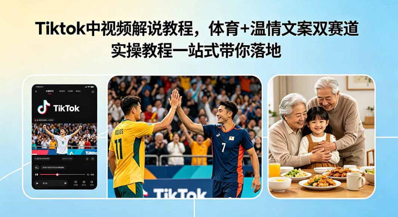 Tiktok中视频解说教程，体育+温情文案双赛道实操教程一站式带你落地，教你出海賺美刀-我爱项目网