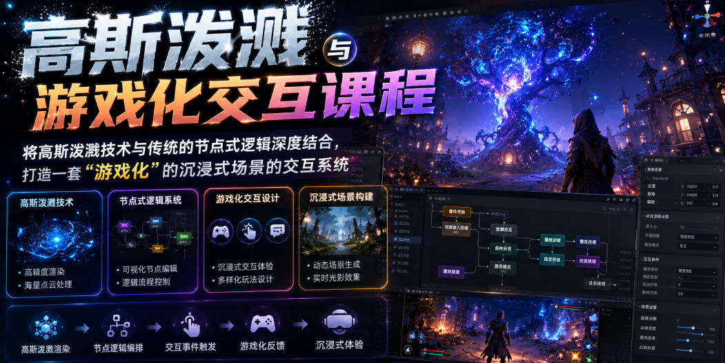 高斯泼溅与游戏化交互课程，将高斯泼溅技术与传统的节点式逻辑深度结合，打造一套“游戏化”的沉浸式场景的交互系统-我爱项目网