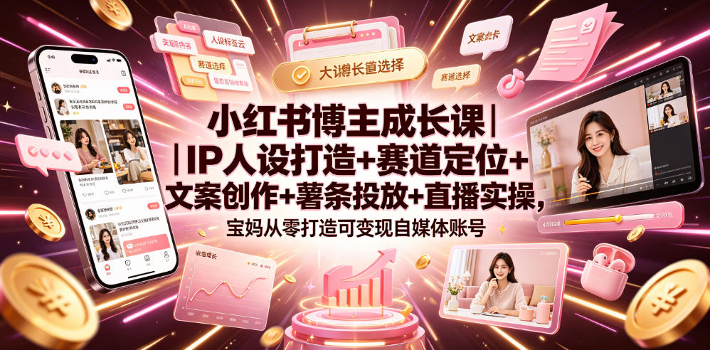 小红书博主成长课｜IP人设打造+赛道定位+文案创作+薯条投放+直播实操，宝妈从零打造可变现自媒体账号-我爱项目网