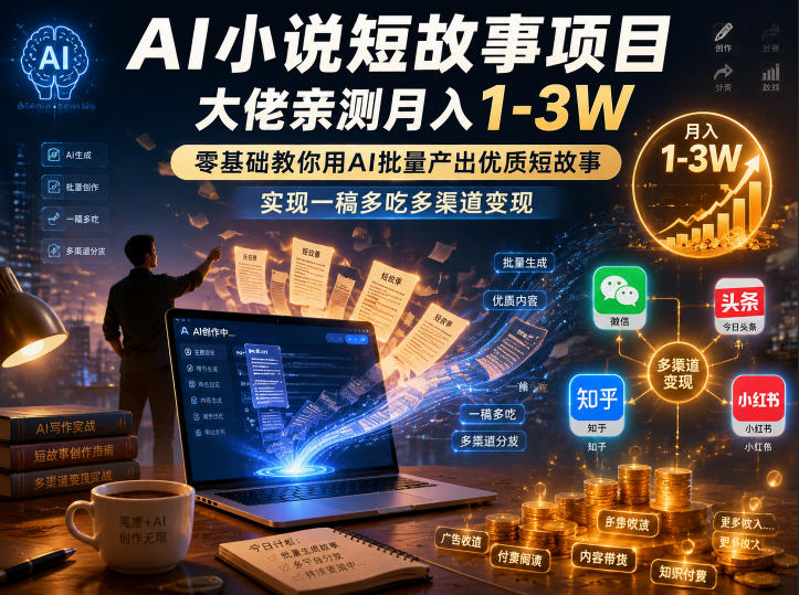 AI小说短故事项目，大佬亲测月入1-3W，零基础教你用AI批量产出优质短故事，实现一稿多吃多渠道变现-我爱项目网