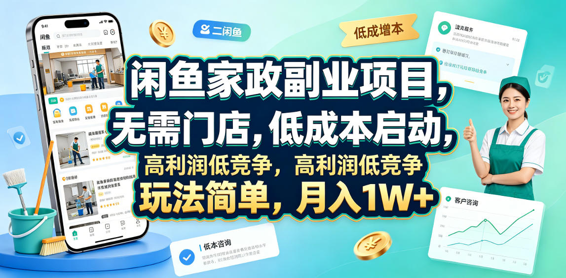 闲鱼家政副业项目，无需门店，低成本启动，高利润低竞争，玩法简单，月入1W+-我爱项目网
