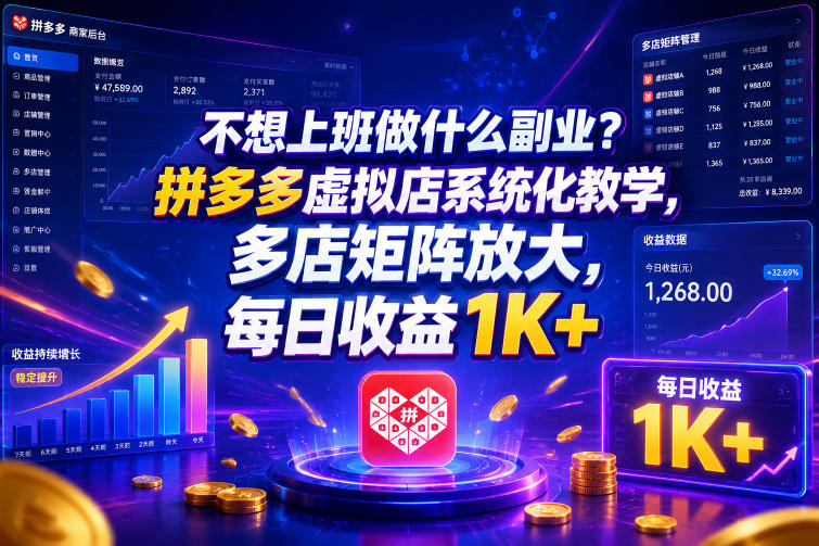 不想上班做什么副业？拼多多虚拟店系统化教学，多店矩阵放大，每日收益1K+【揭秘】-我爱项目网