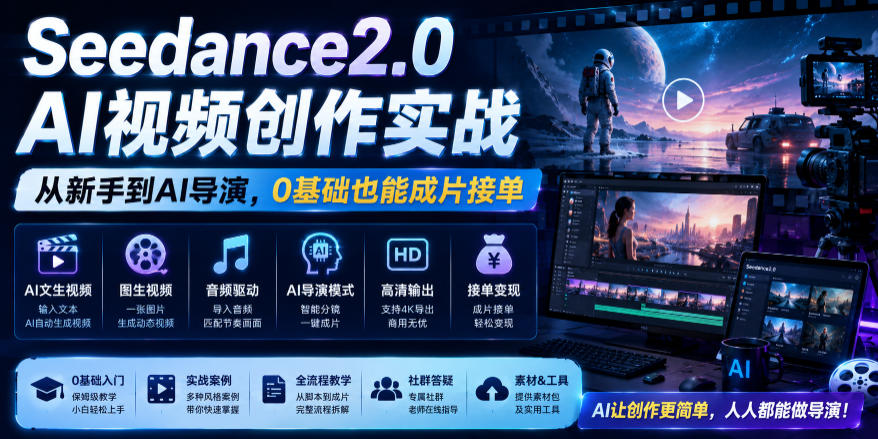 Seedance2.0 AI视频创作实战，从新手到AI导演，0基础也能成片接单变现-我爱项目网