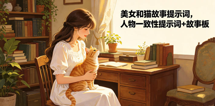 美女和猫故事提示词,人物一致性提示词+故事板-我爱项目网