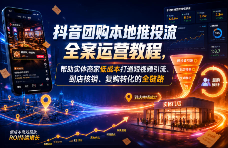 抖音团购本地推投流全案运营教程，帮助实体商家低成本打通短视频引流、到店核销、复购转化的全链路-我爱项目网