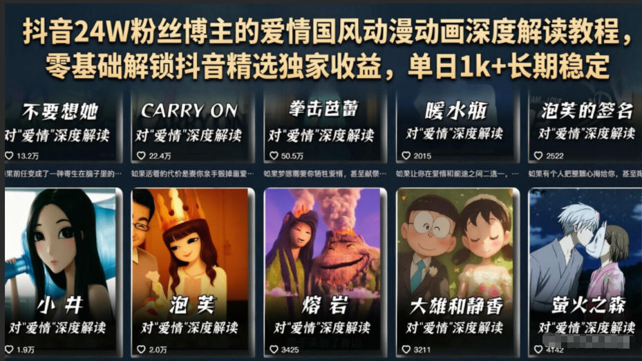 抖音24W粉丝博主的爱情国风动漫动画深度解读教程，零基础解锁抖音精选独家收益，单日1k+长期稳定-我爱项目网