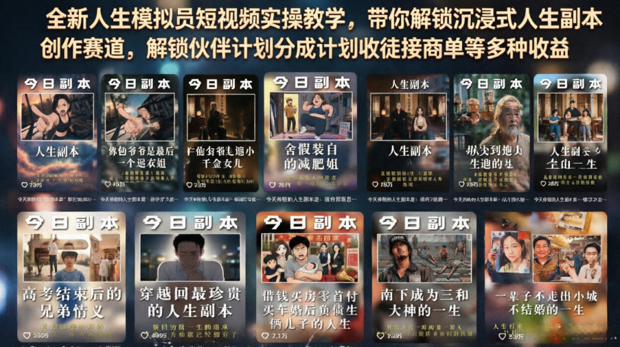 全新人生模拟员短视频实操教学，带你解锁沉浸式人生副本创作赛道，解锁伙伴计划分成计划收徒接商单等多种收益-我爱项目网