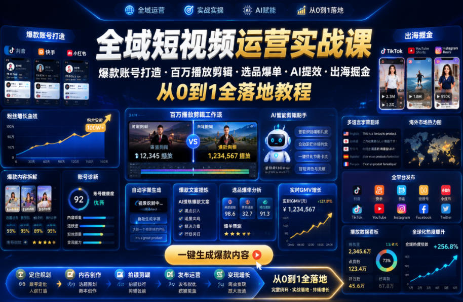 全域短视频运营实战课,爆款账号打造・百万播放剪辑・选品爆单・AI提效・出海掘金,从0到1全落地教程-我爱项目网