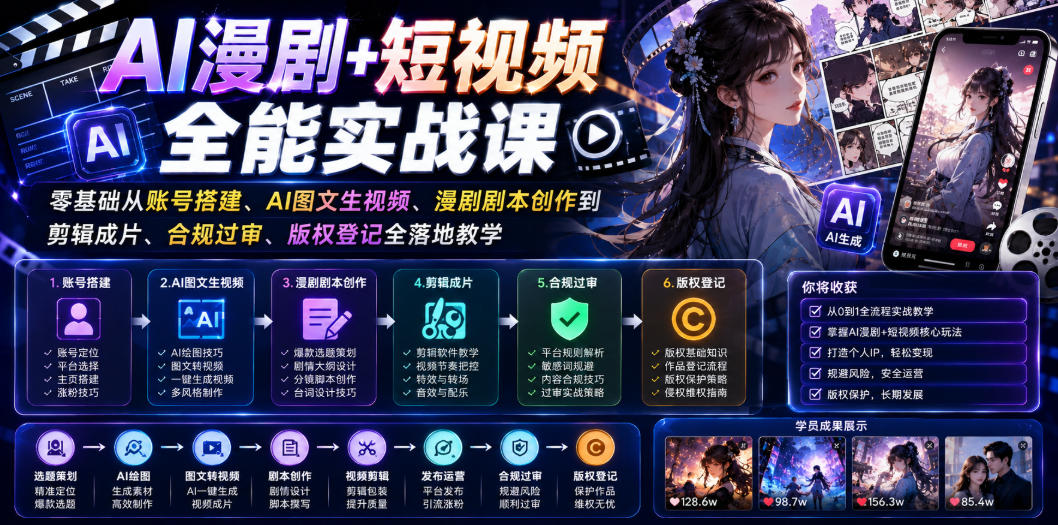 AI漫剧+短视频全能实战课｜零基础从账号搭建、AI图文生视频、漫剧剧本创作到剪辑成片、合规过审、版权登记全落地教学-我爱项目网