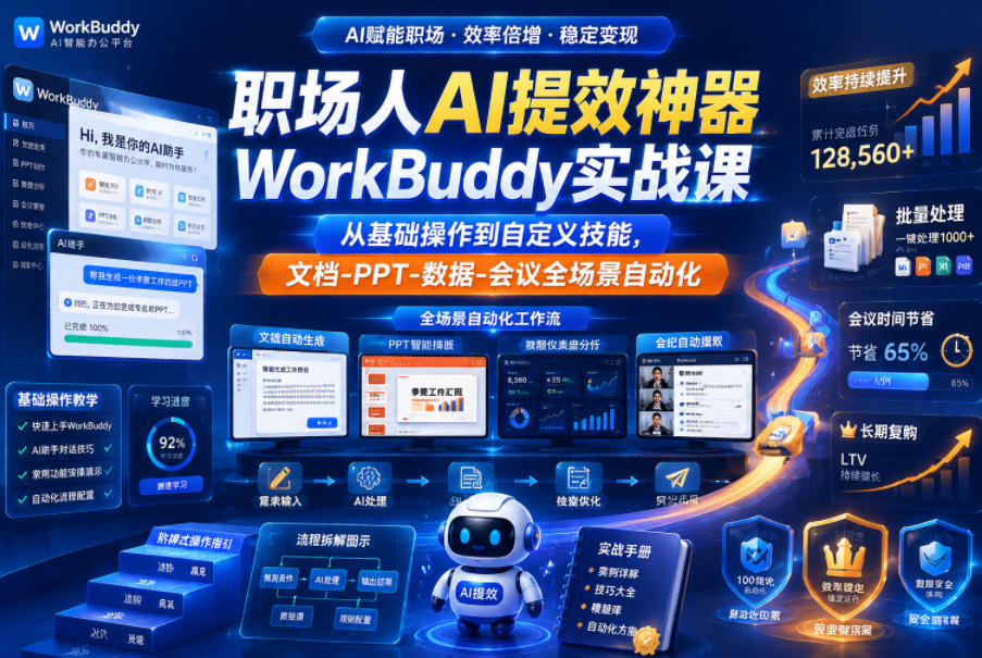 职场人AI提效神器WorkBuddy实战课，从基础操作到自定义技能，文档-PPT-数据-会议全场景自动化-我爱项目网