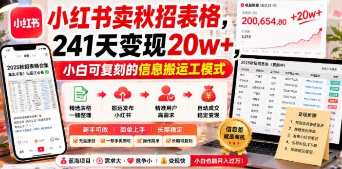 小红书卖秋招表格，241天变现20w+，小白可复刻的信息搬运工模式-我爱项目网