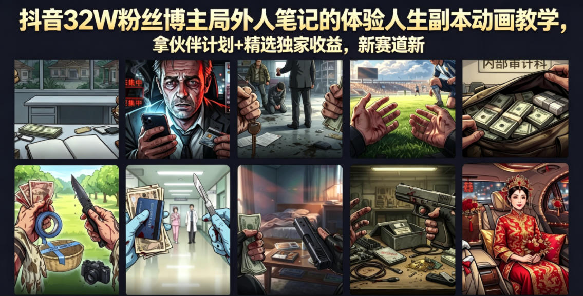 抖音32W粉丝博主局外人笔记的体验人生副本动画教学，拿伙伴计划+精选独家收益，新赛道新涨粉快【录制版】-我爱项目网