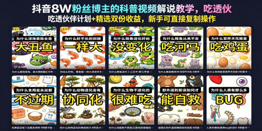 抖音8W粉丝博主的科普视频解说教学，吃透伙伴计划+精选双份收益，新手可直接复制操作-我爱项目网