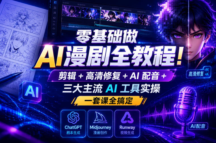 零基础做AI漫剧全教程！剪辑+高清修复+AI配音+三大主流AI工具实操，一套课全搞定-我爱项目网