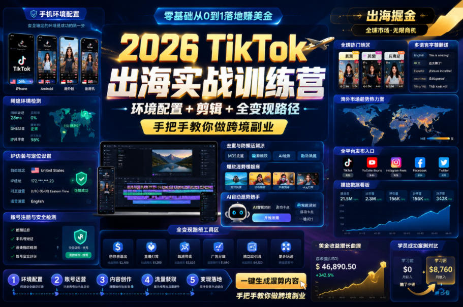 2026 TikTok出海实战训练营,环境配置 + 剪辑 + 全变现路径,手把手教你做跨境副业-我爱项目网