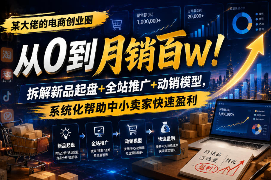 某大佬的电商创业圈从0到月销百W!拆解新品起盘+全站推广+动销模型,系统化帮助中小卖家快速盈利-我爱项目网