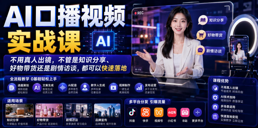 AI口播视频实战课，不用真人出镜，不管是知识分享、好物带货还是剧情访谈，都可以快速落地-我爱项目网