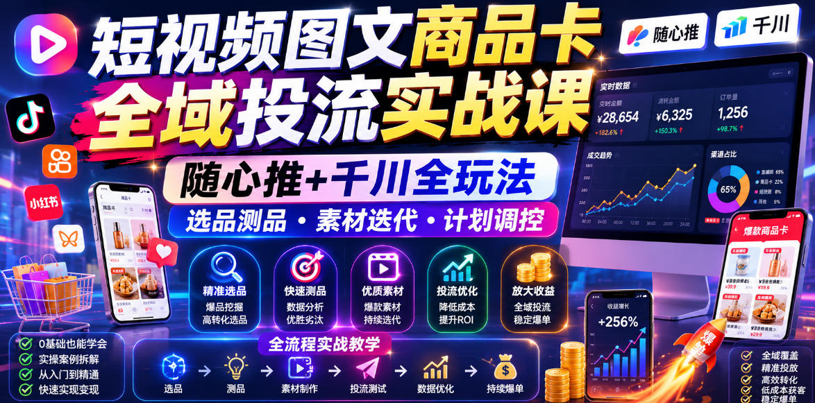 短视频图文商品卡全域投流实战课，随心推+千川全玩法，选品测品・素材迭代・计划调控，提升ROI爆单增收教程-我爱项目网